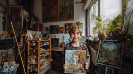 Obraz premium Joyful, smiling, child showcasing a painted portrait in a sunlit art-filled room.