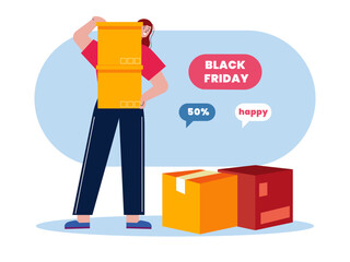 Girl with Black Friday shopping box. Black Friday vector illustration