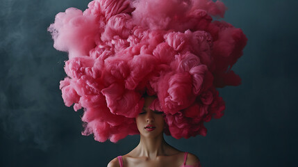 The image depicts a person, sporting a large, fluffy, pink hair or wig that resembles clouds or cotton candy.