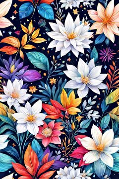 Image features striking contrast between vivid colors of flowers, dark backdrop, creating visually appealing, dramatic composition. For interior design, textiles, clothing, gift wrapping, web design.