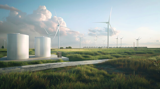 The image depicts an open field with multiple wind turbines in the background.