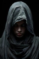 Gesichtslose Frau mit Kapuze trägt Kapuzenpulli mit Blick nach vorne, schwarzer Hintergrund - obrazy, fototapety, plakaty