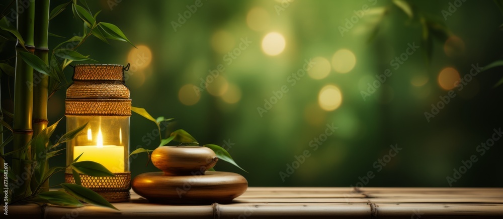 Poster a close up view of a candle and a stack of stones placed on a wooden table, creating a serene and pe