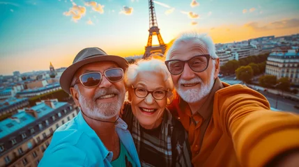 Fotobehang Abuelos posando para un selfie en un viaje de oferta a Francia con la torre Eiffel de fondo un día espectacularmente soleado. © ismel leal