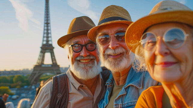 Abuelos posando para un selfie en un viaje de oferta a Francia con la torre Eiffel de fondo un d&iacute;a espectacularmente soleado.