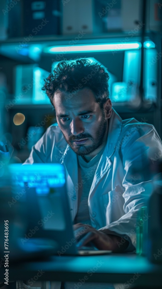Poster a man in lab coat working on a laptop computer. generative ai.