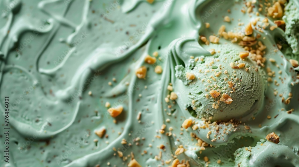 Poster a close up of a green ice cream with nuts on top. generative ai.