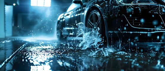 Car wash background with car parts. Concept Car wash, Car parts, Automotive industry, Cleaning services, Car maintenance - obrazy, fototapety, plakaty