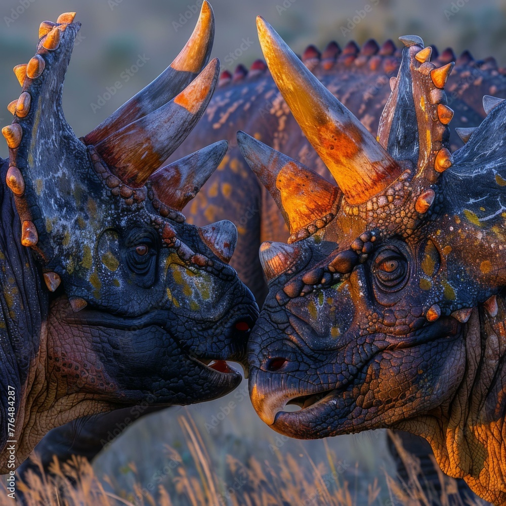 Aufkleber two dinosaurs are standing next to each other in a field. generative ai.