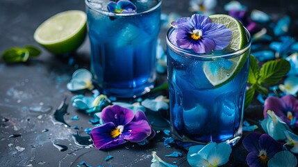Blue butterfly pea flower tea, known for its detoxifying properties, sits on a dark table, offering a healthy herbal drink option. - obrazy, fototapety, plakaty