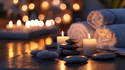 A massage table in a spa salon is adorned with burning candles, smooth stones, and a fluffy towel, creating a serene atmosphere for relaxation and rejuvenation.