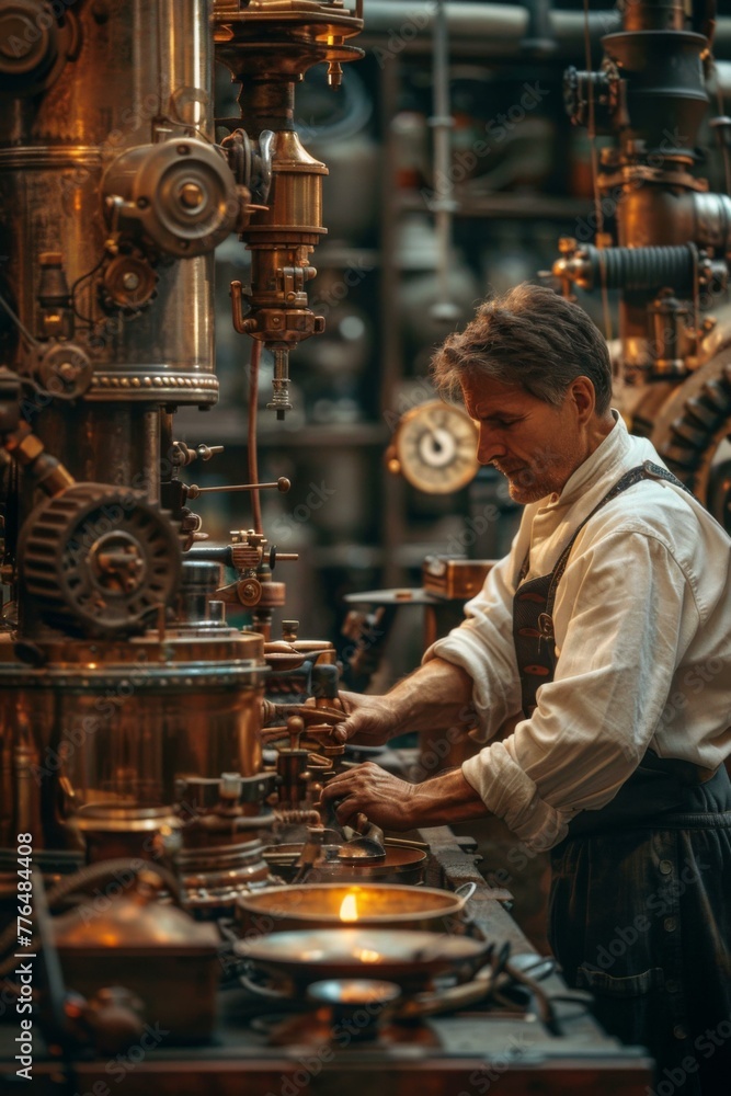 Poster a man in a factory working on some machinery. generative ai.