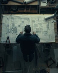 A man sitting at a desk with plans and drawings. Generative AI.