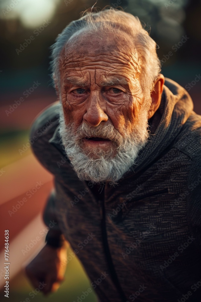 Poster an older man with a beard is running on the track. generative ai.