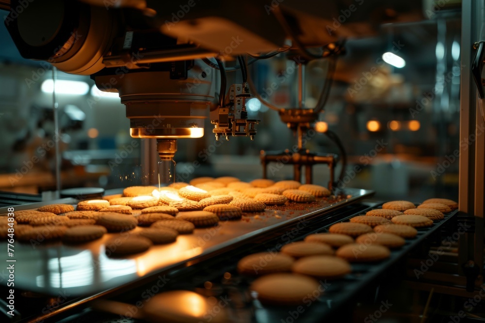 Poster A machine is making cookies on a conveyor belt. Generative AI.