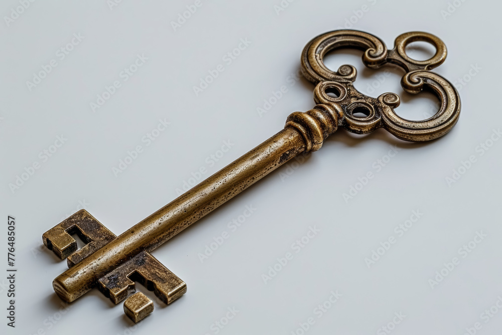 Poster vintage brass key with a decorative keychain isolated on a white background. concept of access and s