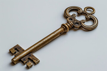 Vintage brass key with a decorative keychain isolated on a white background. Concept of access and security. Generative Ai.