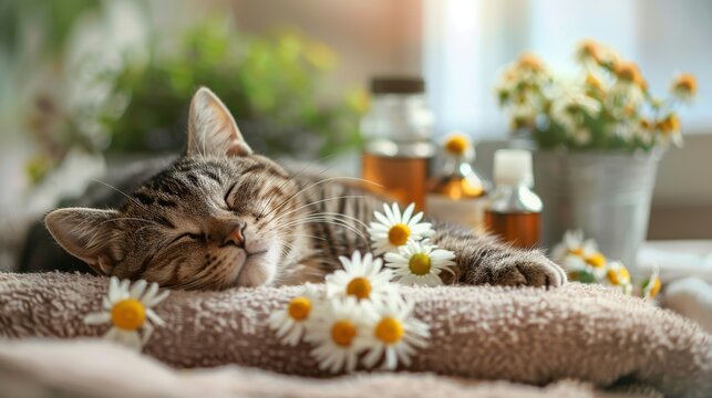 In the image, a sleeping cat rests peacefully on a massage towel. In the foreground, there are bottles of aromatic oil and chamomile flowers, evoking a sense of relaxation and tranquility. 