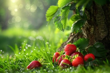 Summer morning light: red strawberries near tree with dewy grass