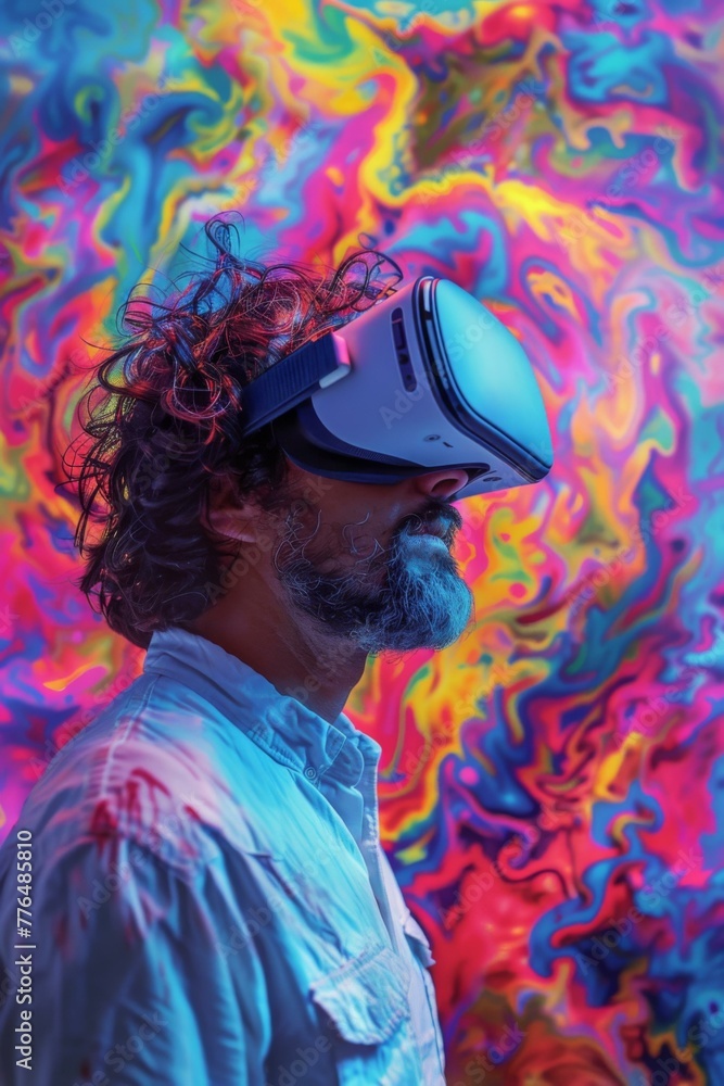 Poster a man wearing a vr headset in front of colorful background. generative ai.