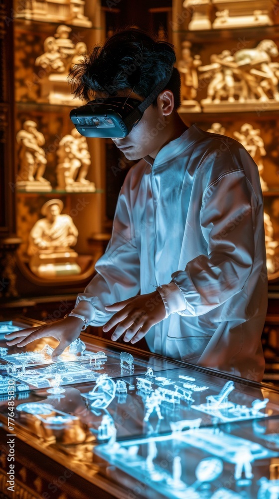 Poster a man in vr goggles looking at a display of ancient artifacts. generative ai.