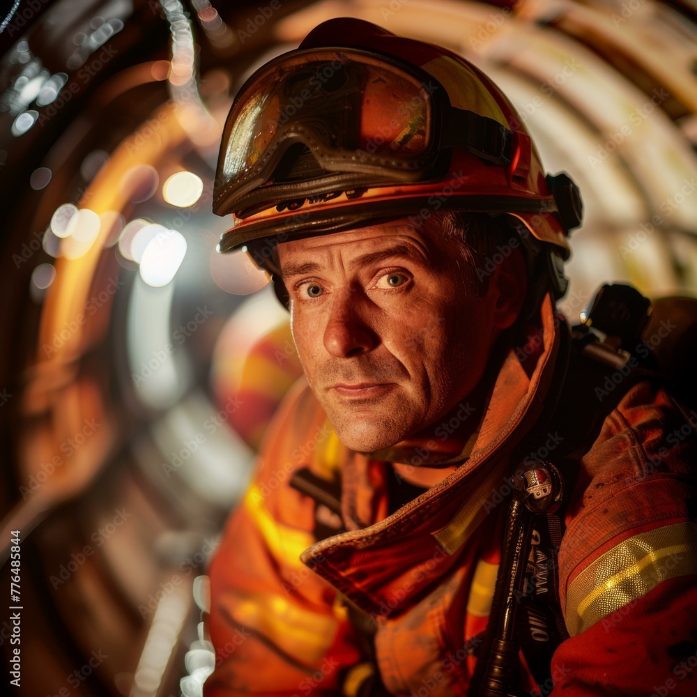 Aufkleber a man in a fireman's uniform sitting down inside of a tunnel. generative ai.