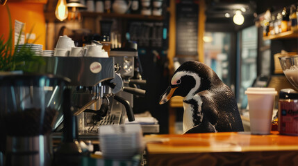 Penguin works as a barista in a coffee shop - obrazy, fototapety, plakaty