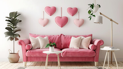A pink sofa adorned with decorative heart-shaped pillows takes center stage