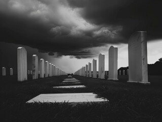 A black and white photo of a graveyard with storm clouds in the background. Generative AI.