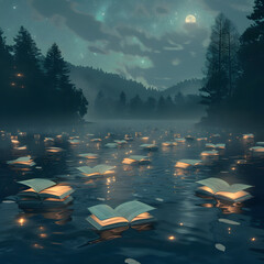 Enchanted Books Floating Above Serene Moonlit Lake in Mystical Landscape