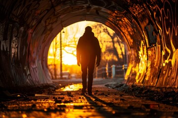 A man walking through a tunnel at sunset with graffiti on the walls. Generative AI.