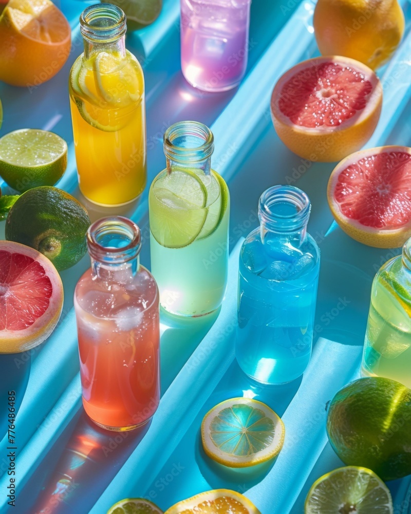 Poster a close up of a table with several different types of drinks. generative ai.