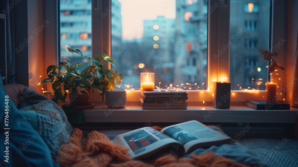 Poster a bed with a book on it and candles lit in front of the window. generative ai.