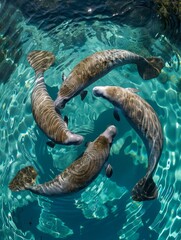 A group of four dolphins swimming in a pool together. Generative AI.