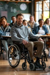 A man in a wheelchair smiling at the camera. Generative AI.