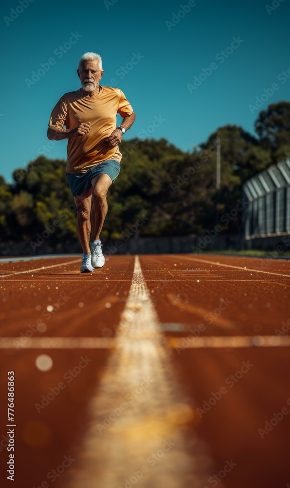 Poster an older man running on a track with trees in the background. generative ai.