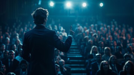 man in a suit, giving a speach to a crowd of man in suits