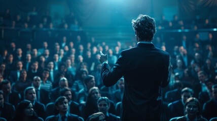 man in a suit giving a speach in a auditorio full of men with suits
