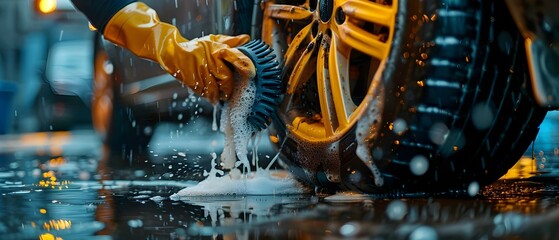 Worker at car wash delicately cleans car rim with specialized brush. Concept Car wash, Worker, Cleaning, Car rim, Specialized brush