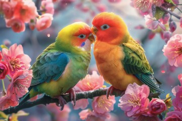 Two colorful birds are sitting on a branch of flowers. Generative AI.