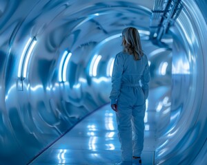 A woman in white suit walking down a long tunnel. Generative AI. - Powered by Adobe