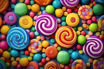 Fototapeta na wymiar colorful lollipops and different colored round candy. top view