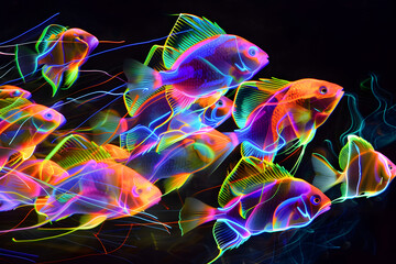 Neon light trails of a colorful school of tropical fish swimming in neon waters under a neon sun isotated on black background.