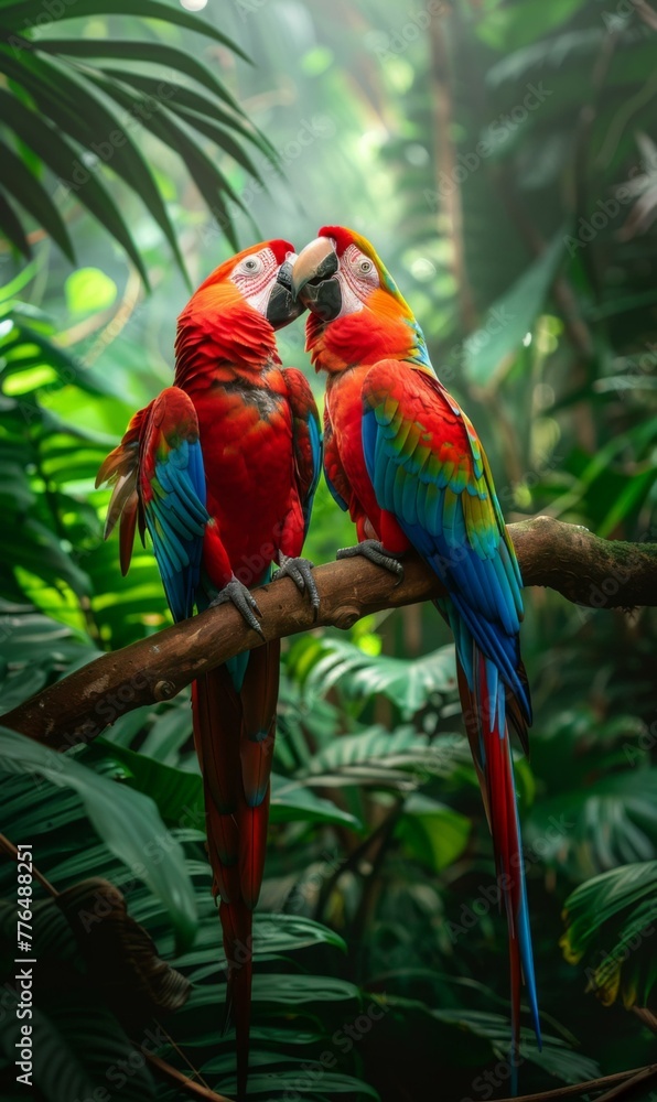 Poster two colorful parrots are sitting on a branch in the jungle. generative ai.