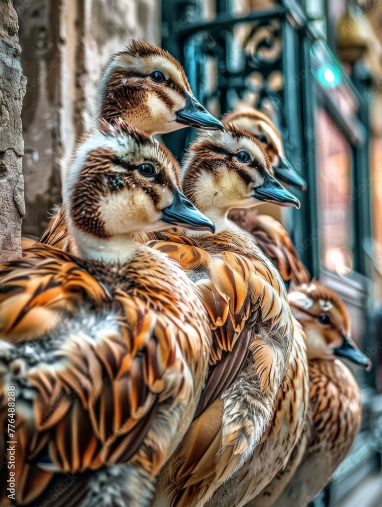 Poster a group of a bunch of ducks standing next to each other. generative ai.