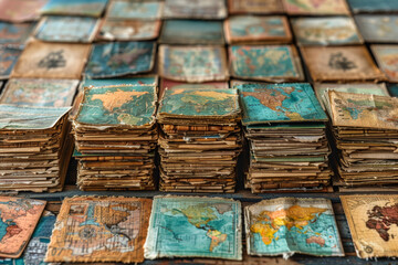 Fototapeta na wymiar Stack of vintage postcards from around the world isolated on a white background. Concept of travel memories. Generative Ai.