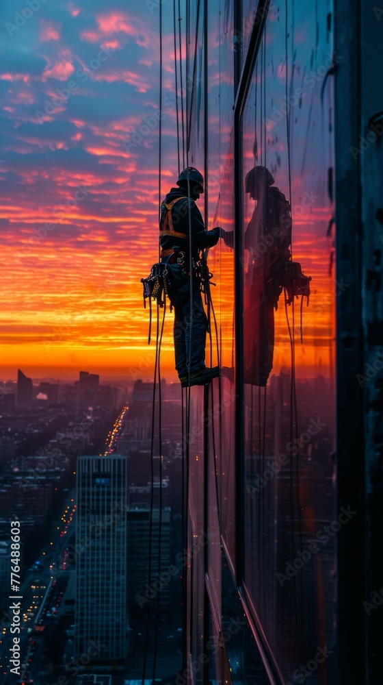Poster a man on a building with the sun setting in front of him. generative ai.
