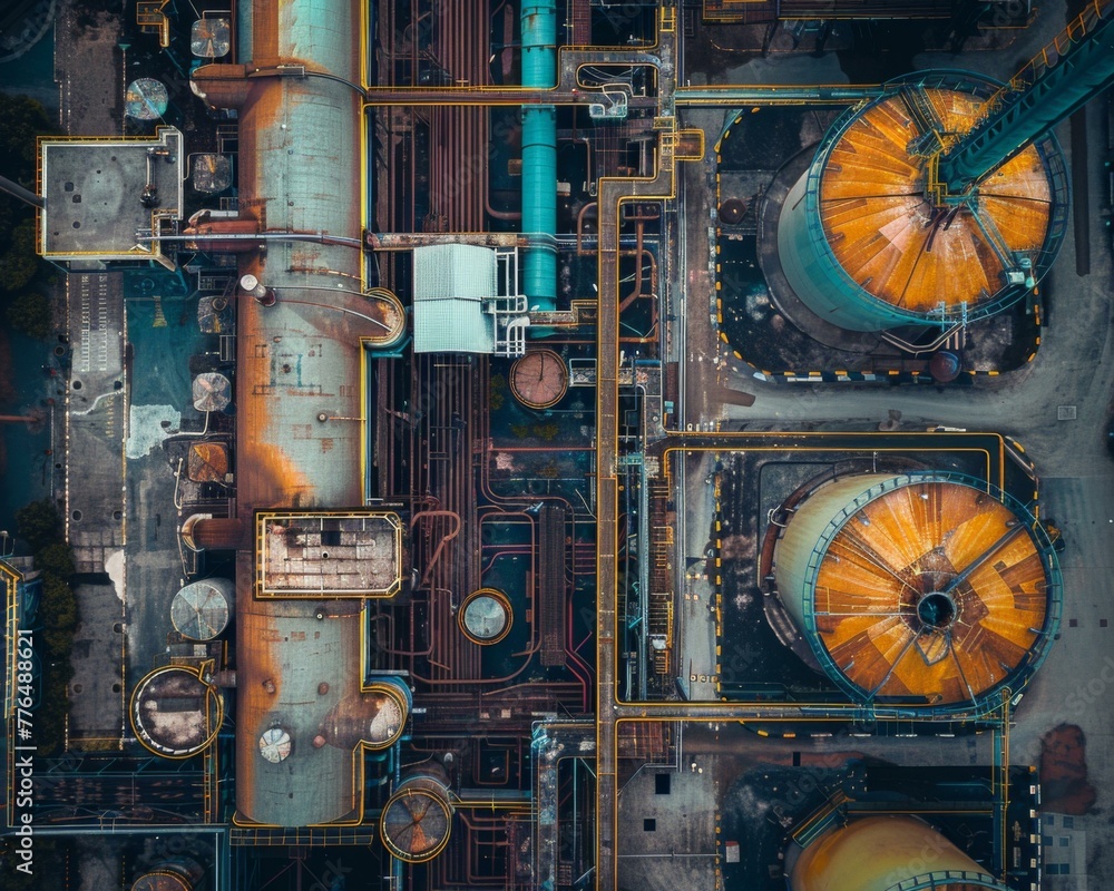 Aufkleber an overhead view of a factory with pipes and tanks. generative ai.