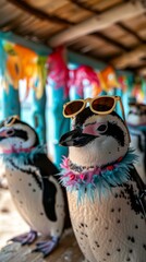 A group of penguins wearing sunglasses and colorful feathers. Generative AI.