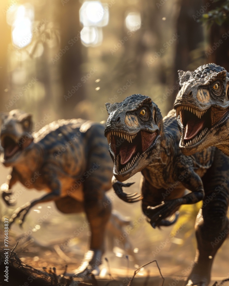 Poster a group of three dinosaurs are running in the woods. generative ai.